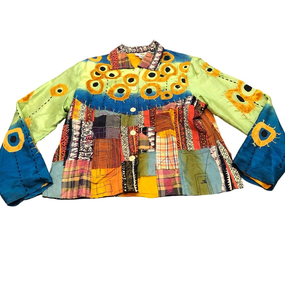 Sandy Starkman Jacket Womens M Multicolor Silk Blend Patchwork Art To Wear Boho - Picture 1 of 7